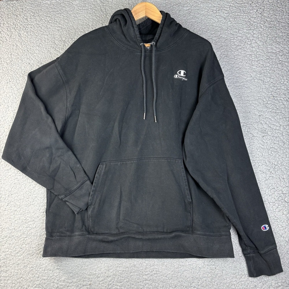 Vintage Champion Black Hoodie Sweatshirt Faded Washed Spellout Logo Mens Size XL